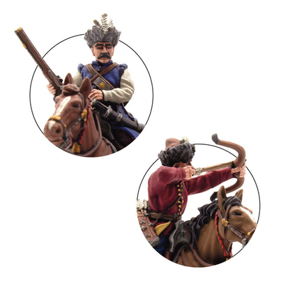 Warlord Games Polish-Lithuanian Levy Cavalry with Muskets – zbliżenie: muszkieter w niebieskim żupanie z futrzana czapką i łucznik w czerwonym żupanie, detale malowania 28mm Pike & Shotte