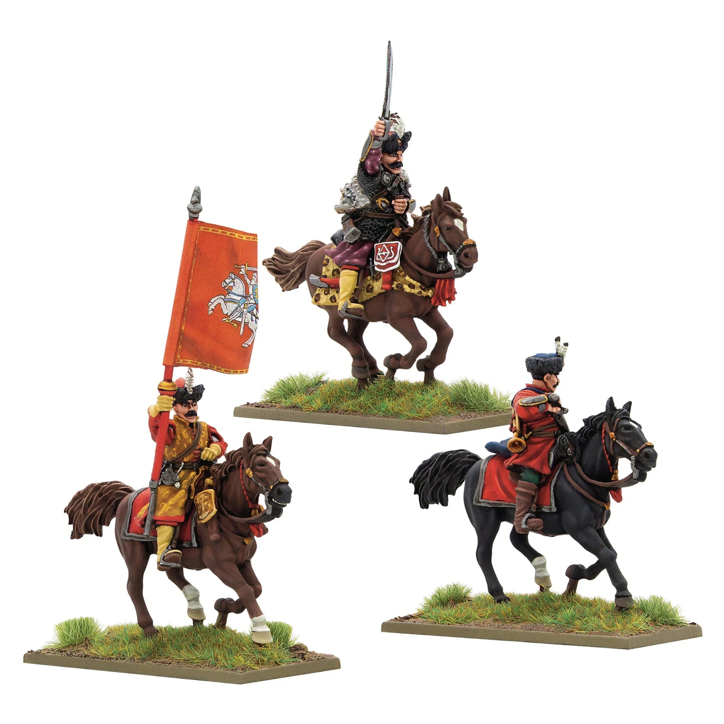 Warlord Games Polish-Lithuanian Levy Cavalry Command – 3 figurki grupy dowodzenia: dowódca z szablą w fioletowym żupanie z futrem, chorąży z czerwoną chorągwią litewską i muzyk w czerwonym żupanie, widok z przodu 28mm Pike & Shotte