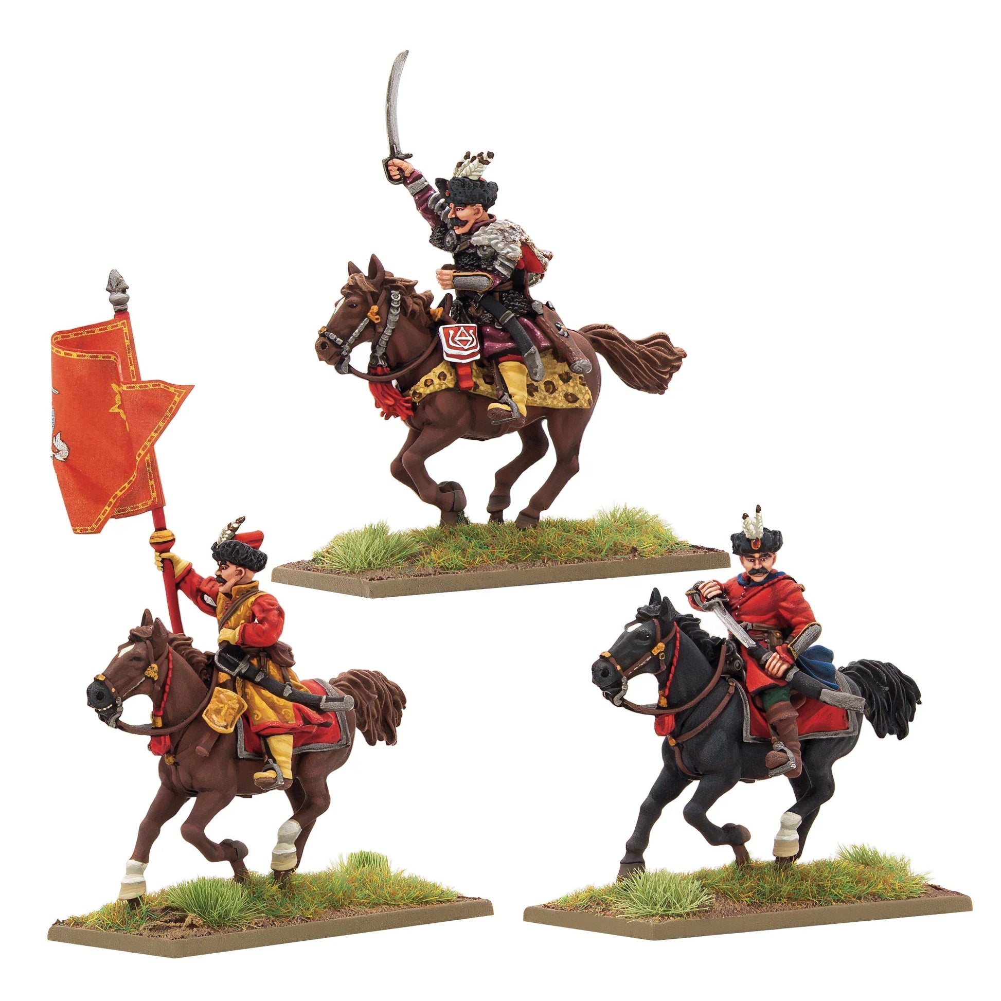 Warlord Games Polish-Lithuanian Levy Cavalry Command – dowódca z szablą, chorąży z Pogonią Litewską na czerwonej chorągwi i muzyk w czerwonym żupanie, widok pod kątem 28mm Pike & Shotte