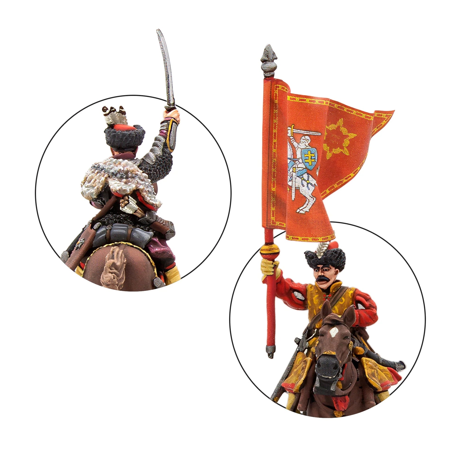 Warlord Games Polish-Lithuanian Levy Cavalry Command – zbliżenie: tył dowódcy z futrzanym płaszczem i kolczugą oraz chorąży z czerwoną chorągwią z Pogonią Litewską, detale malowania 28mm Pike & Shotte