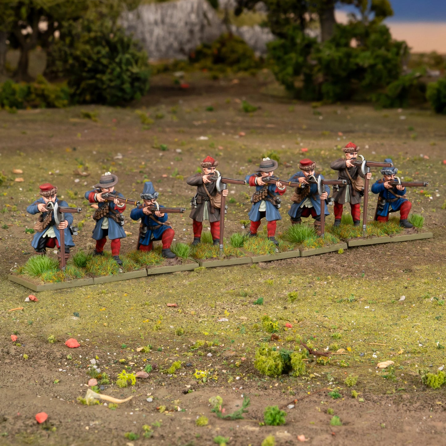 Warlord Games Polish-Lithuanian Later Infantry with Muskets Firing – diorama na terenie: 8 muszkieterów w szyku strzeleckim na polu bitwy 28mm Pike & Shotte