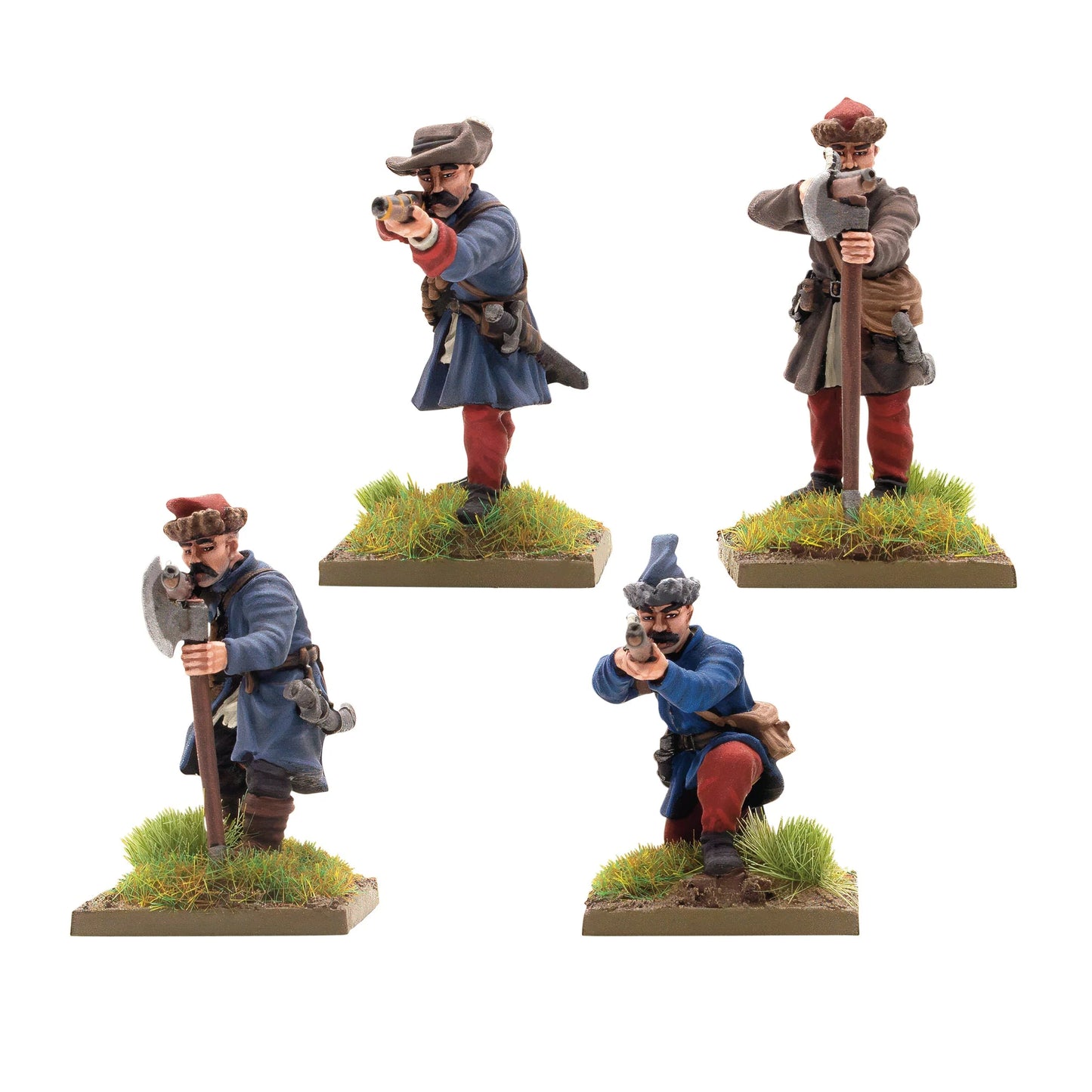 Warlord Games Polish-Lithuanian Later Infantry with Muskets Firing – 4 metalowe figurki muszkieterów w niebieskich i szarych płaszczach z muszkietami i hakownicami, widok z przodu 28mm Pike & Shotte