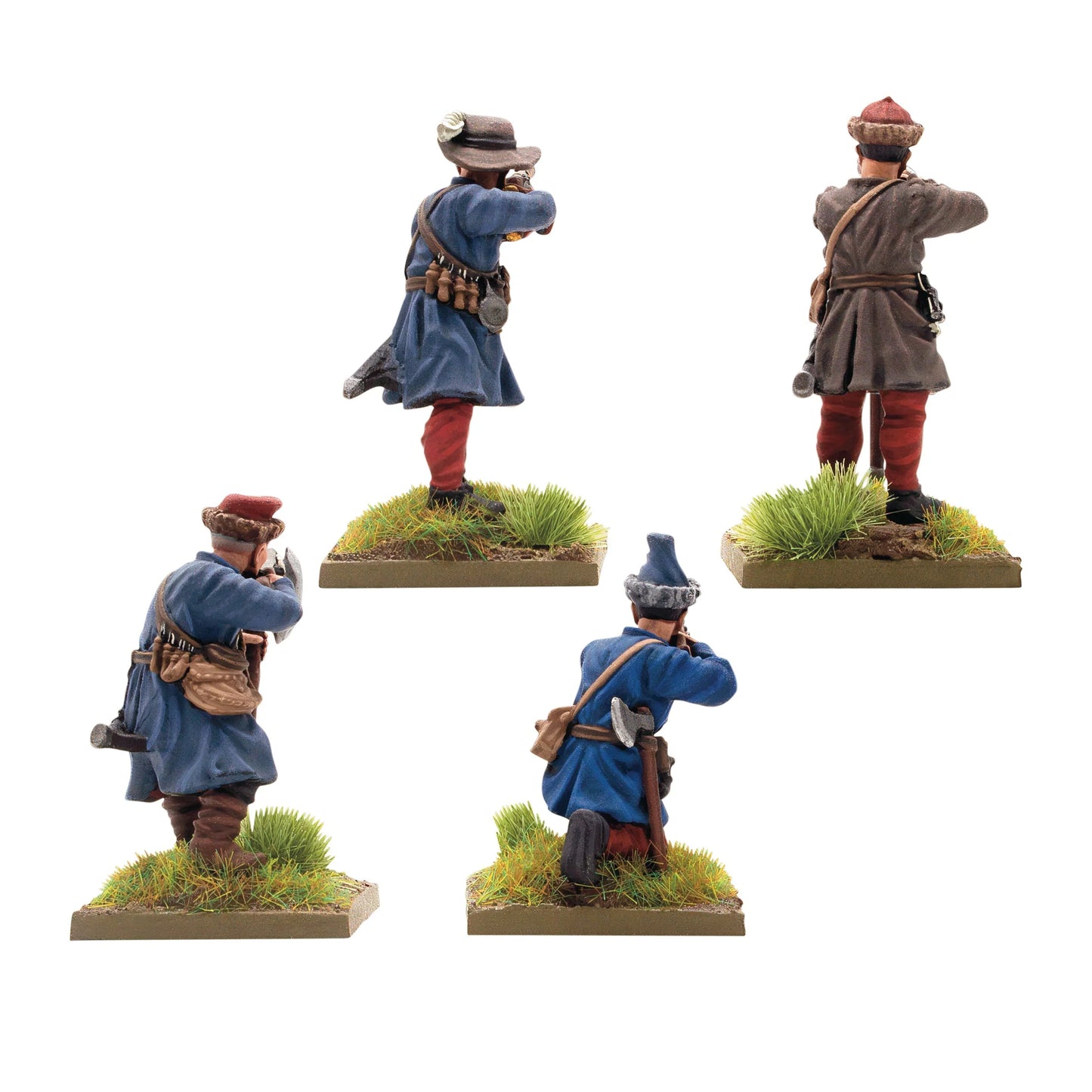 Warlord Games Polish-Lithuanian Later Infantry with Muskets Firing – 4 muszkieterzy, widok z tyłu: ładownice, pasy i wyposażenie w niebieskich i szarych płaszczach 28mm Pike & Shotte