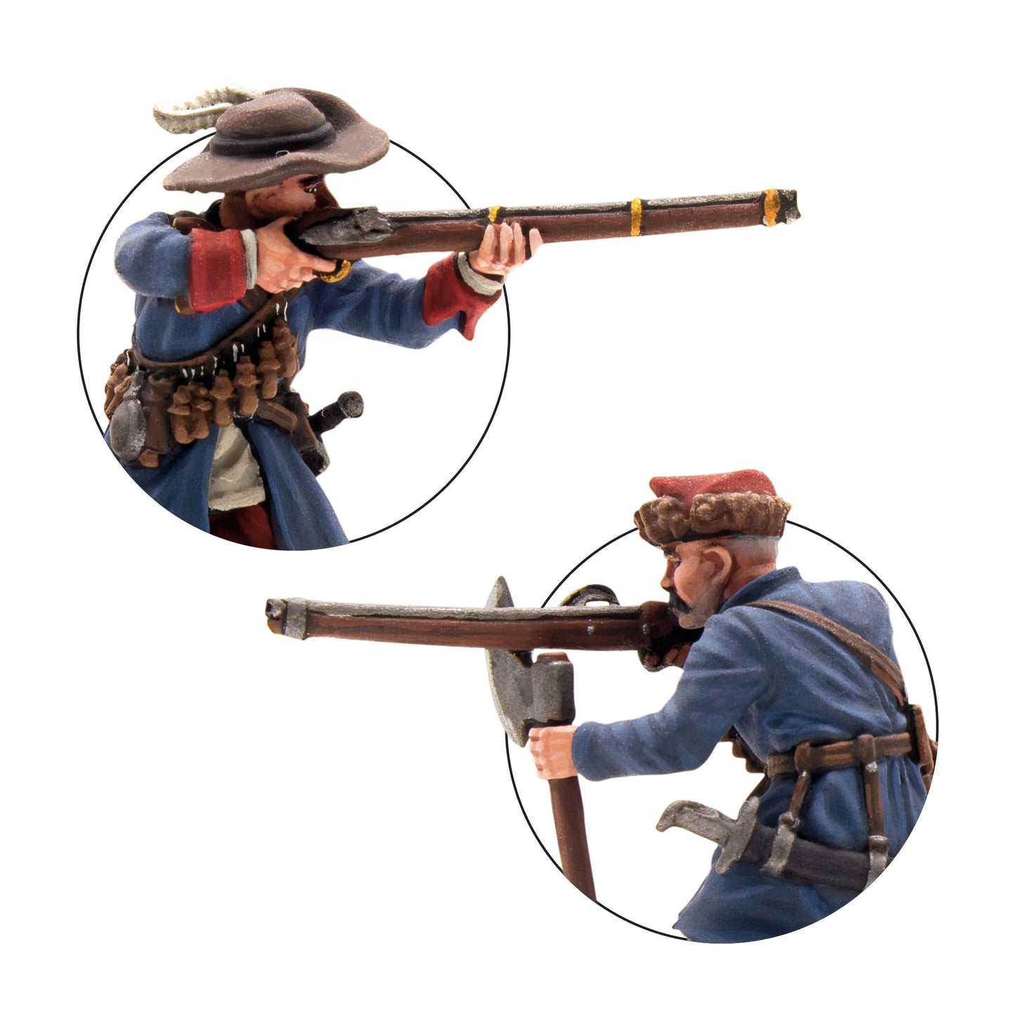 Warlord Games Polish-Lithuanian Later Infantry with Muskets Firing – zbliżenie: muszkieter z muszkietem na podpórce i klęczący muszkieter z hakownicą na widłach, detale malowania 28mm Pike & Shotte