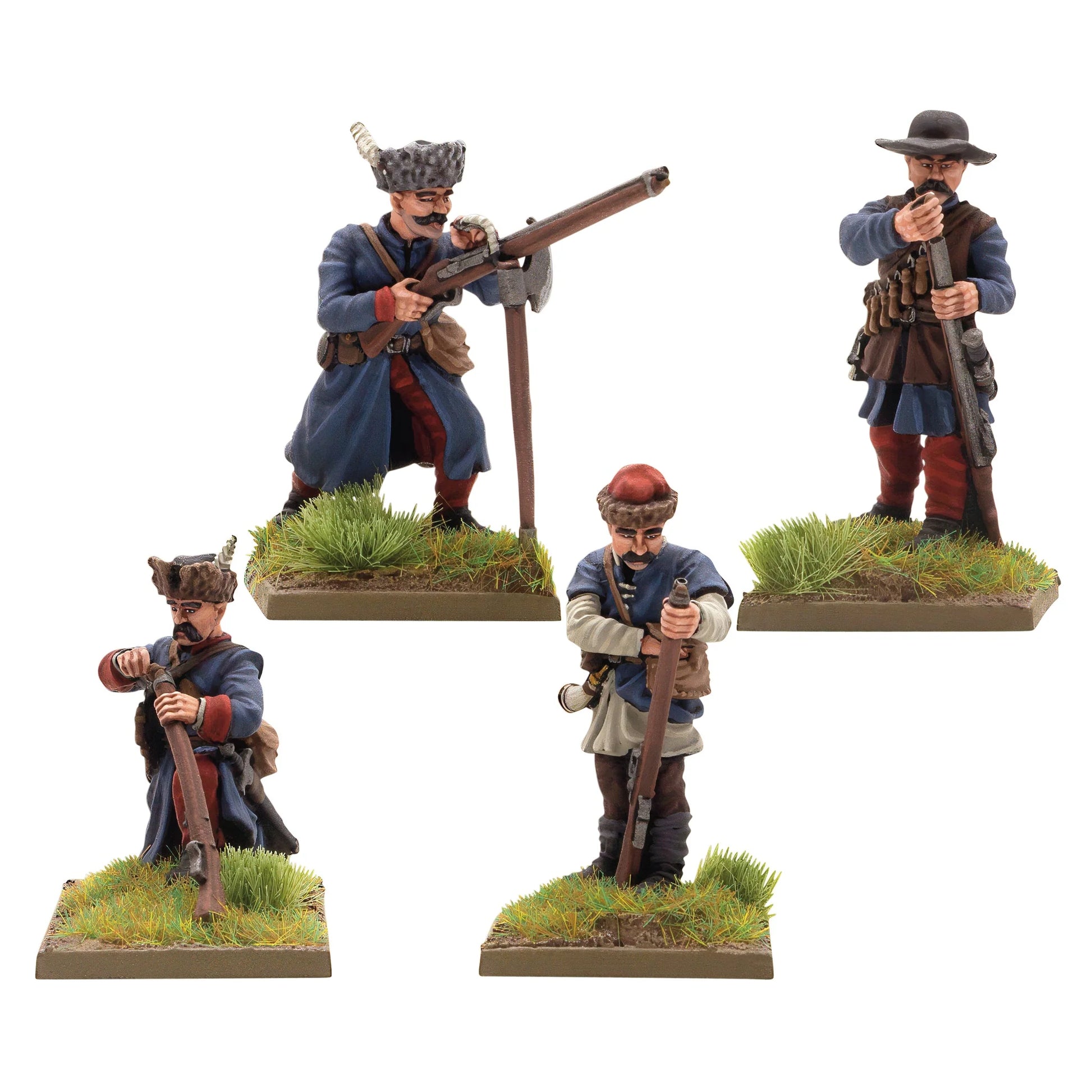 Warlord Games Polish-Lithuanian Later Infantry with Muskets Reloading – 4 metalowe figurki muszkieterów w trakcie ładowania: hakownica na widłach, muszkiet przy twarzy, klęczący z ładownicą i stojący muszkieter, widok z przodu 28mm Pike & Shotte