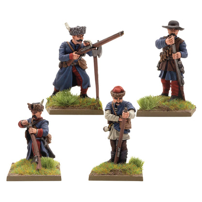 Warlord Games Polish-Lithuanian Later Infantry with Muskets Reloading – 4 metalowe figurki muszkieterów w trakcie ładowania: hakownica na widłach, muszkiet przy twarzy, klęczący z ładownicą i stojący muszkieter, widok z przodu 28mm Pike & Shotte