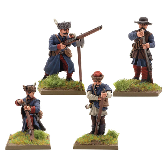 Warlord Games Polish-Lithuanian Later Infantry with Muskets Reloading – 4 metalowe figurki muszkieterów w trakcie ładowania: hakownica na widłach, muszkiet przy twarzy, klęczący z ładownicą i stojący muszkieter, widok z przodu 28mm Pike & Shotte