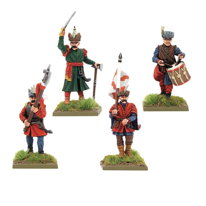 Warlord Games Polish-Lithuanian Later Infantry Command – 4 figurki grupy dowodzenia: dowódca w zielonym żupanie z szablą i toporem, muszkieter w czerwonym płaszczu, chorąży z czerwono-białą chorągwią i doboś z bębnem, widok z przodu 28mm Pike & Shotte