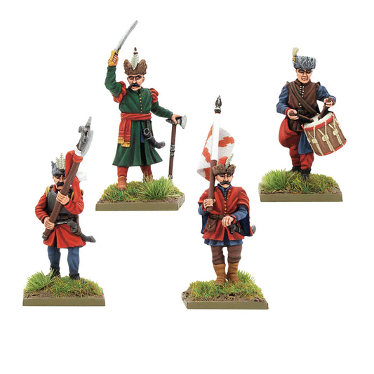 Warlord Games Polish-Lithuanian Later Infantry Command – 4 figurki grupy dowodzenia: dowódca w zielonym żupanie z szablą i toporem, muszkieter w czerwonym płaszczu, chorąży z czerwono-białą chorągwią i doboś z bębnem, widok z przodu 28mm Pike & Shotte