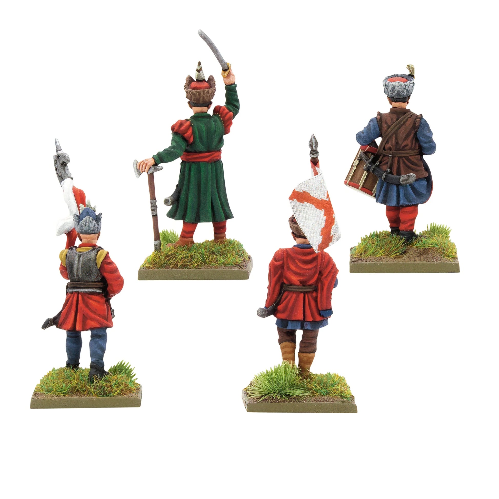 Warlord Games Polish-Lithuanian Later Infantry Command – 4 figurki grupy dowodzenia, widok z tyłu: zielony żupan dowódcy, czerwone płaszcze, chorągiew i bęben dobośza 28mm Pike & Shotte