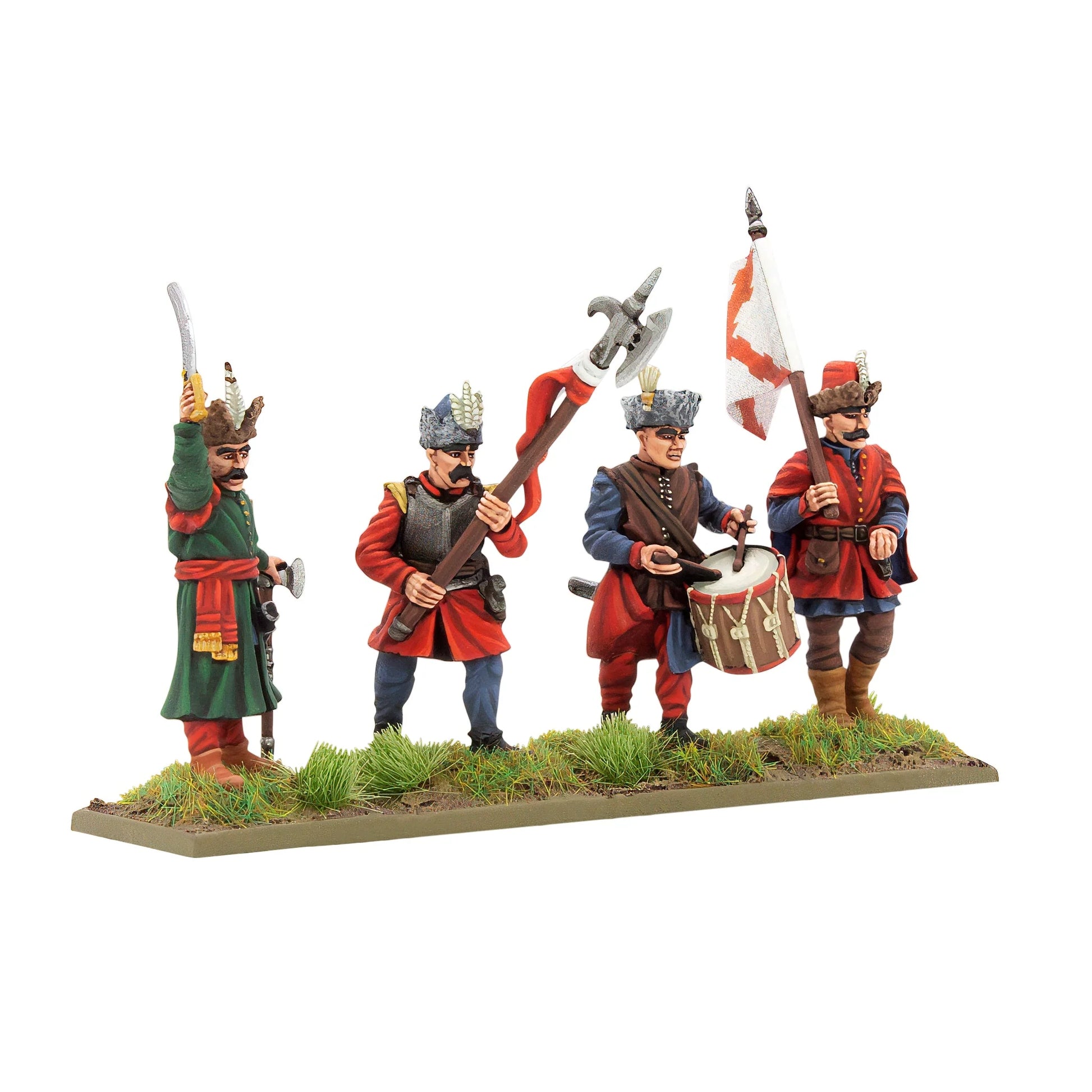 Warlord Games Polish-Lithuanian Later Infantry Command – 4 figurki grupy dowodzenia na wspólnej podstawce: dowódca z szablą, muszkieter z hakownicą, doboś i chorąży z czerwono-białą chorągwią 28mm Pike & Shotte