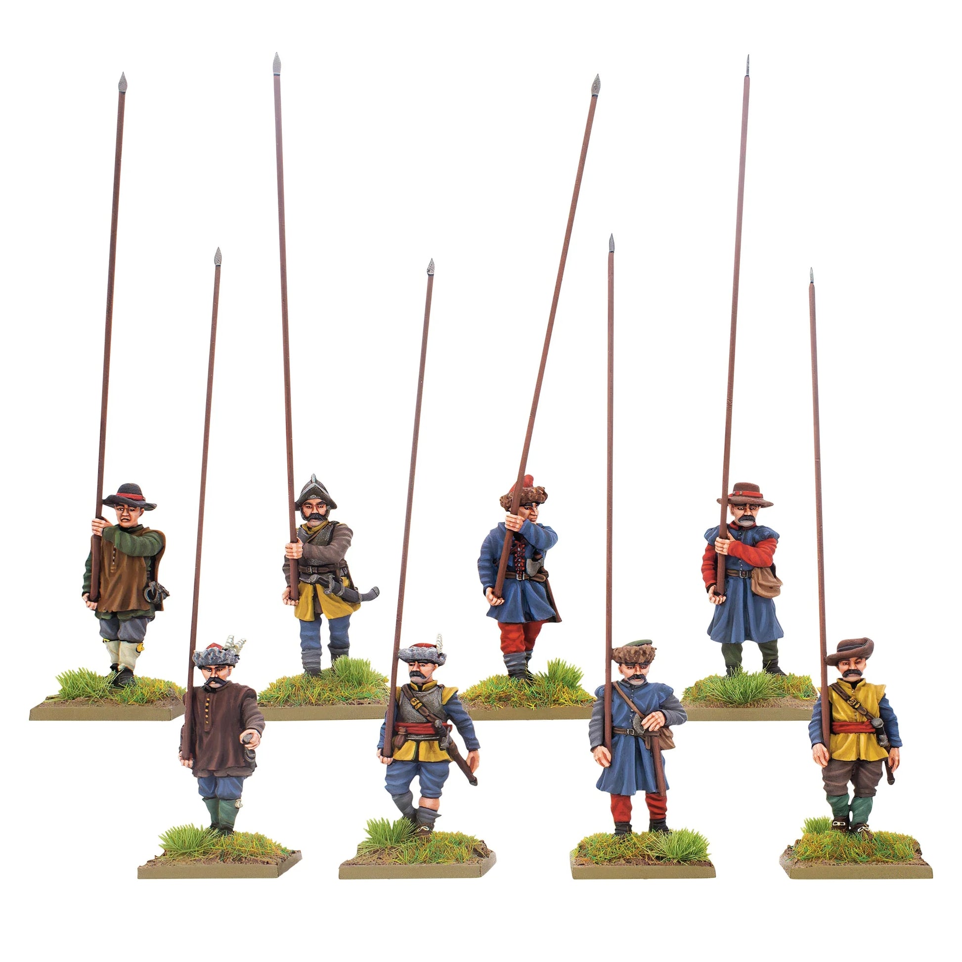 Warlord Games Polish-Lithuanian Mercenary Pikemen – 8 metalowych pikinierów w różnorodnych strojach: brązowe, niebieskie, czerwone i żółte żupany, kapelusze i hełmy z długimi pikami, widok z przodu 28mm Pike & Shotte