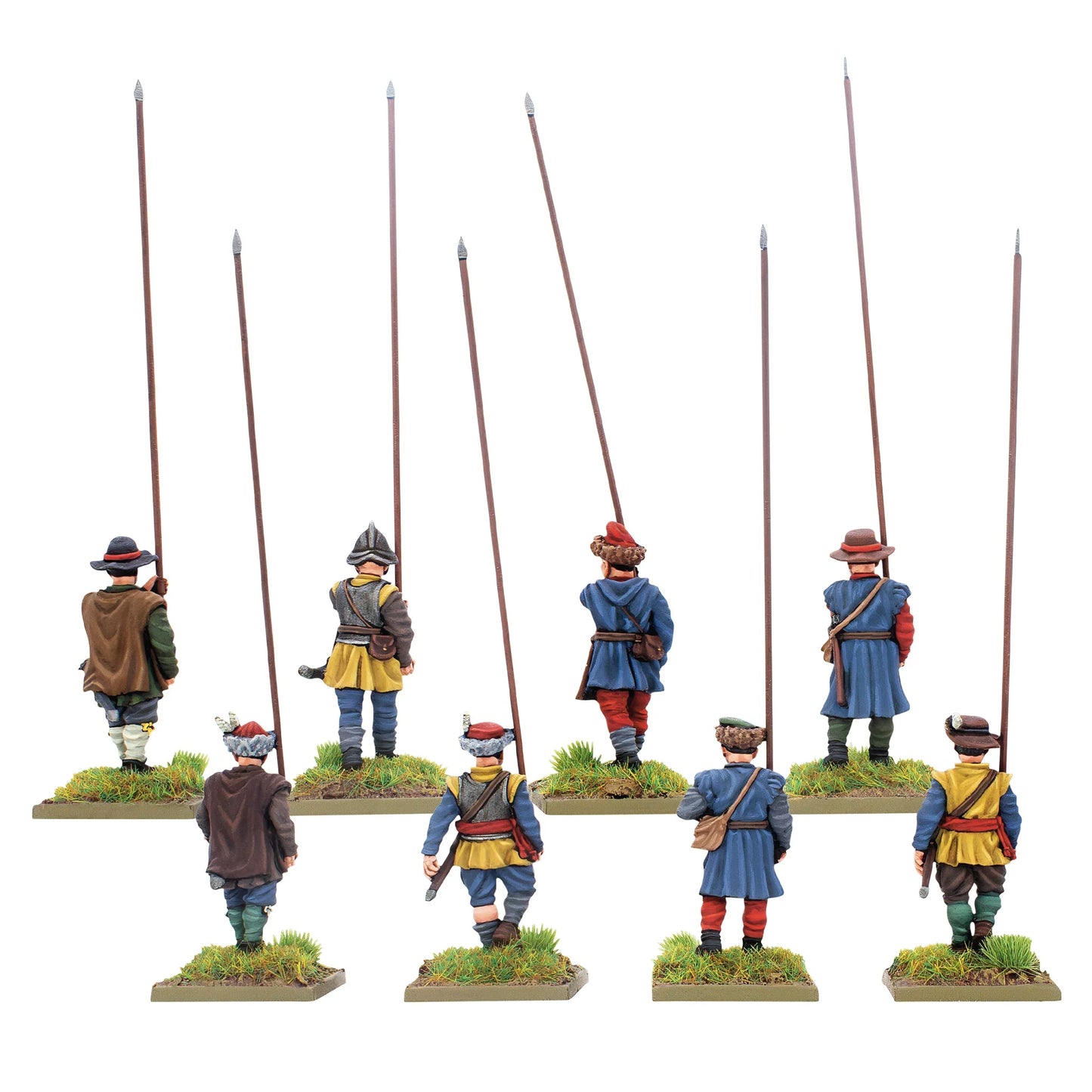 Warlord Games Polish-Lithuanian Mercenary Pikemen – 8 pikinierów, widok z tyłu: plecaki, pasy i różnorodne nakrycia głowy w kolorowych strojach 28mm Pike & Shotte