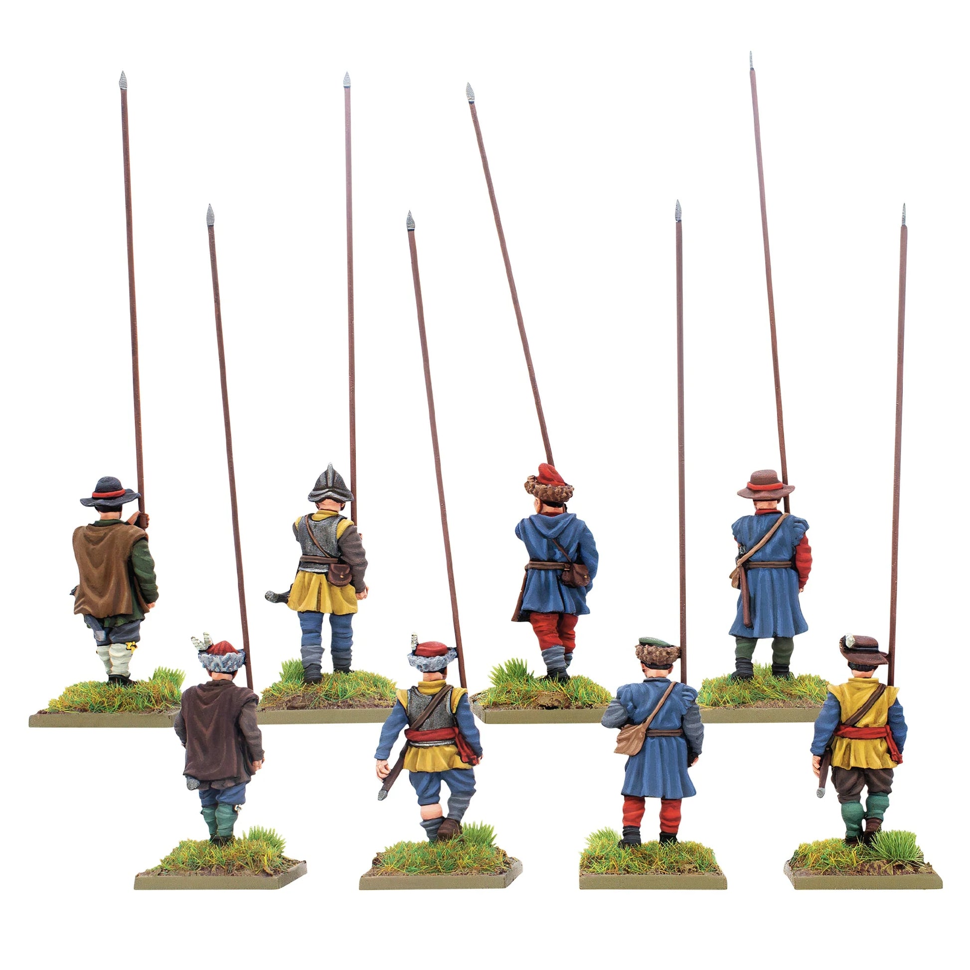 Warlord Games Polish-Lithuanian Mercenary Pikemen – 8 pikinierów, widok z tyłu: plecaki, pasy i różnorodne nakrycia głowy w kolorowych strojach 28mm Pike & Shotte