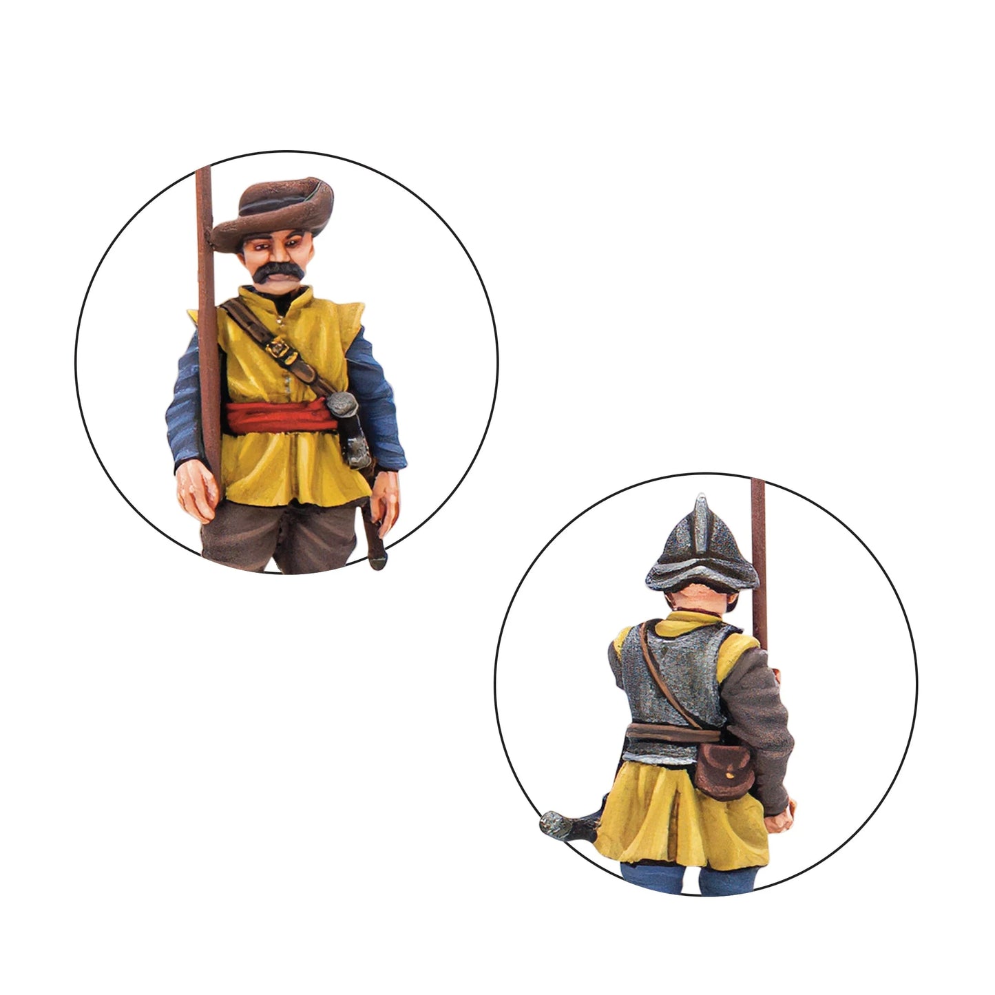 Warlord Games Polish-Lithuanian Mercenary Pikemen – zbliżenie: pikinier w żółtym żupanie z czerwonym pasem i szablą oraz pikinier w hełmie morion z tyłu, detale malowania 28mm Pike & Shotte