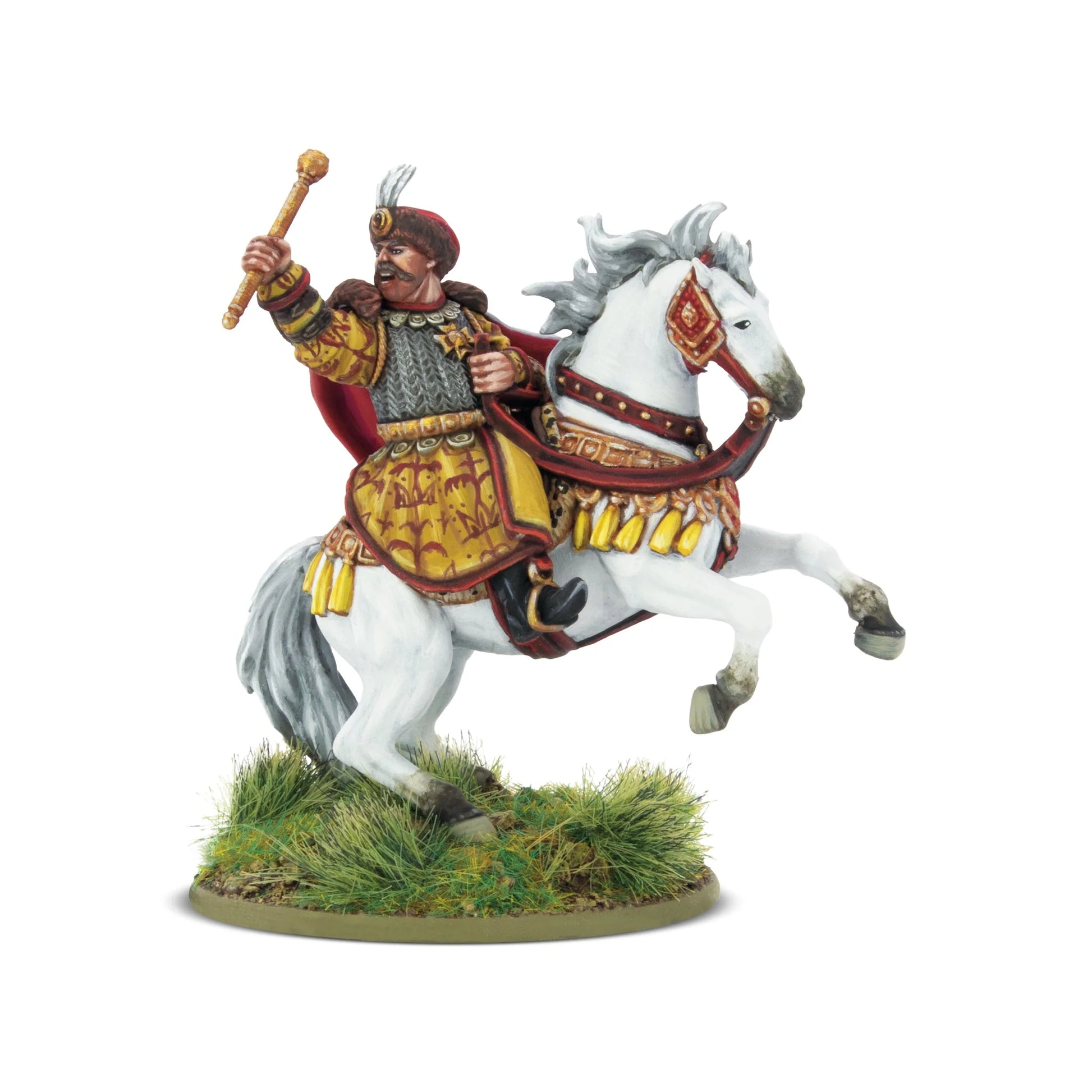 Warlord Games Jan III Sobieski – król Polski na stającym białym koniu z buławą w górze, złota zbroja łuskowa i czerwony płaszcz z futrem, widok z przodu 28mm Pike & Shotte