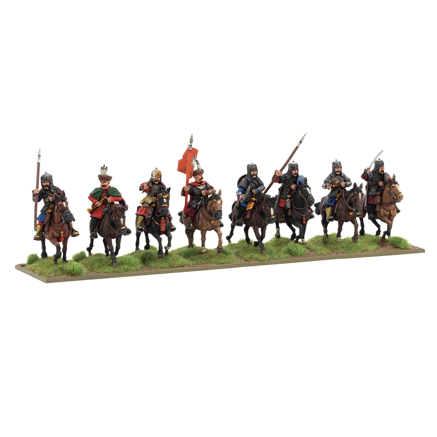 Warlord Games Pancerni Heavy Cavalry Regiment – 8 metalowych jeźdców pancernych z włóczniami, szablami i czerwoną chorągwią, widok z przodu 28mm Pike & Shotte