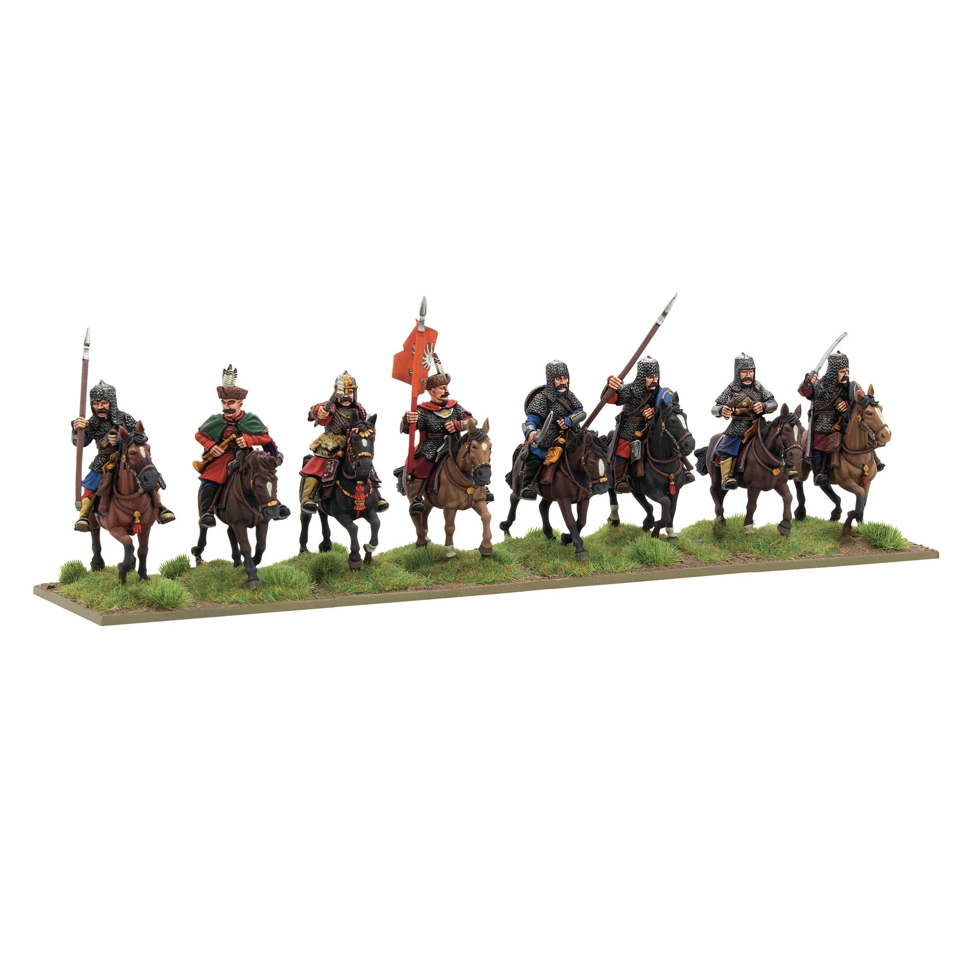 Warlord Games Pancerni Heavy Cavalry Regiment – 8 metalowych jeźdców pancernych z włóczniami, szablami i czerwoną chorągwią, widok z przodu 28mm Pike & Shotte