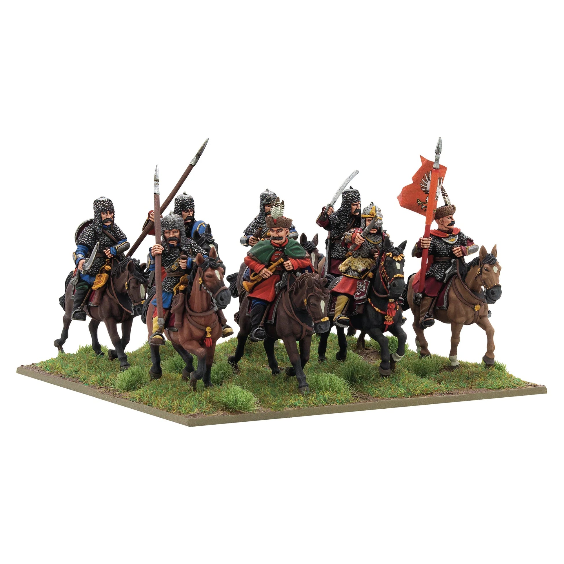 Warlord Games Pancerni Heavy Cavalry Regiment – 8 jeźdców pancernych w szarży z włóczniami i szablami, widok z przodu pod kątem 28mm Pike & Shotte