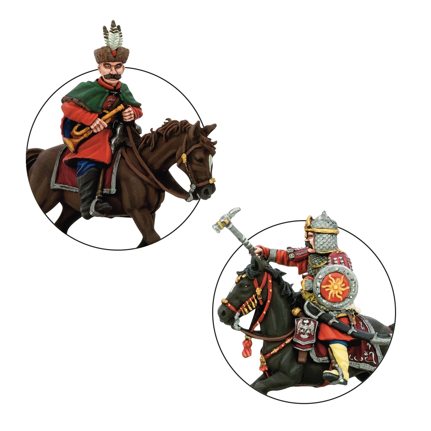Warlord Games Pancerni Heavy Cavalry Regiment – zbliżenie: muzyk z trąbką w zielono-czerwonym żupanie i oficer z buławą w kolczudze z tarczą słoneczną 28mm Pike & Shotte