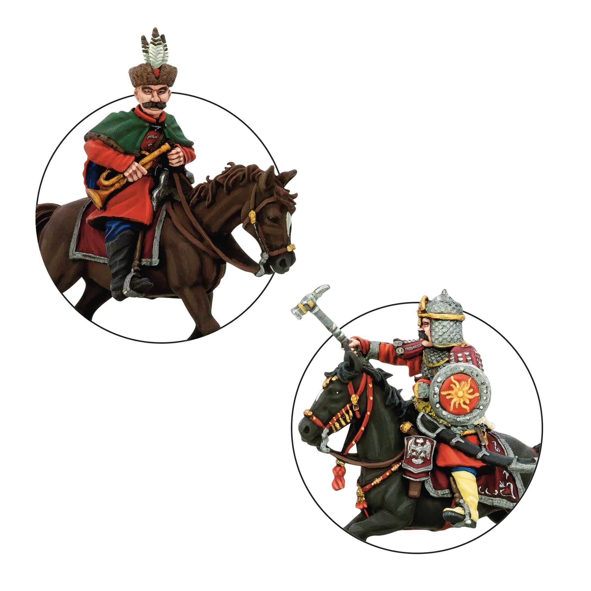 Warlord Games Pancerni Heavy Cavalry Regiment – zbliżenie: muzyk z trąbką w zielono-czerwonym żupanie i oficer z buławą w kolczudze z tarczą słoneczną 28mm Pike & Shotte