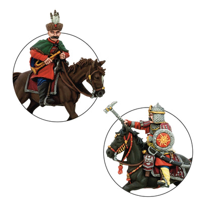 Warlord Games Pancerni Heavy Cavalry Regiment – zbliżenie: muzyk z trąbką w zielono-czerwonym żupanie i oficer z buławą w kolczudze z tarczą słoneczną 28mm Pike & Shotte