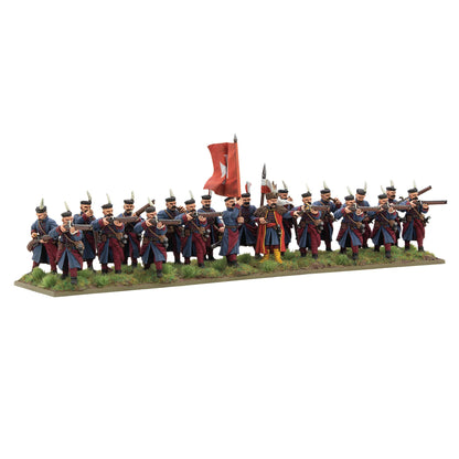 Warlord Games Hajduks Regiment – 20 metalowych hajduków z arkebuzami w niebiesko-czerwonych żupanach, oficer i chorągiew, widok z przodu 28mm Pike & Shotte
