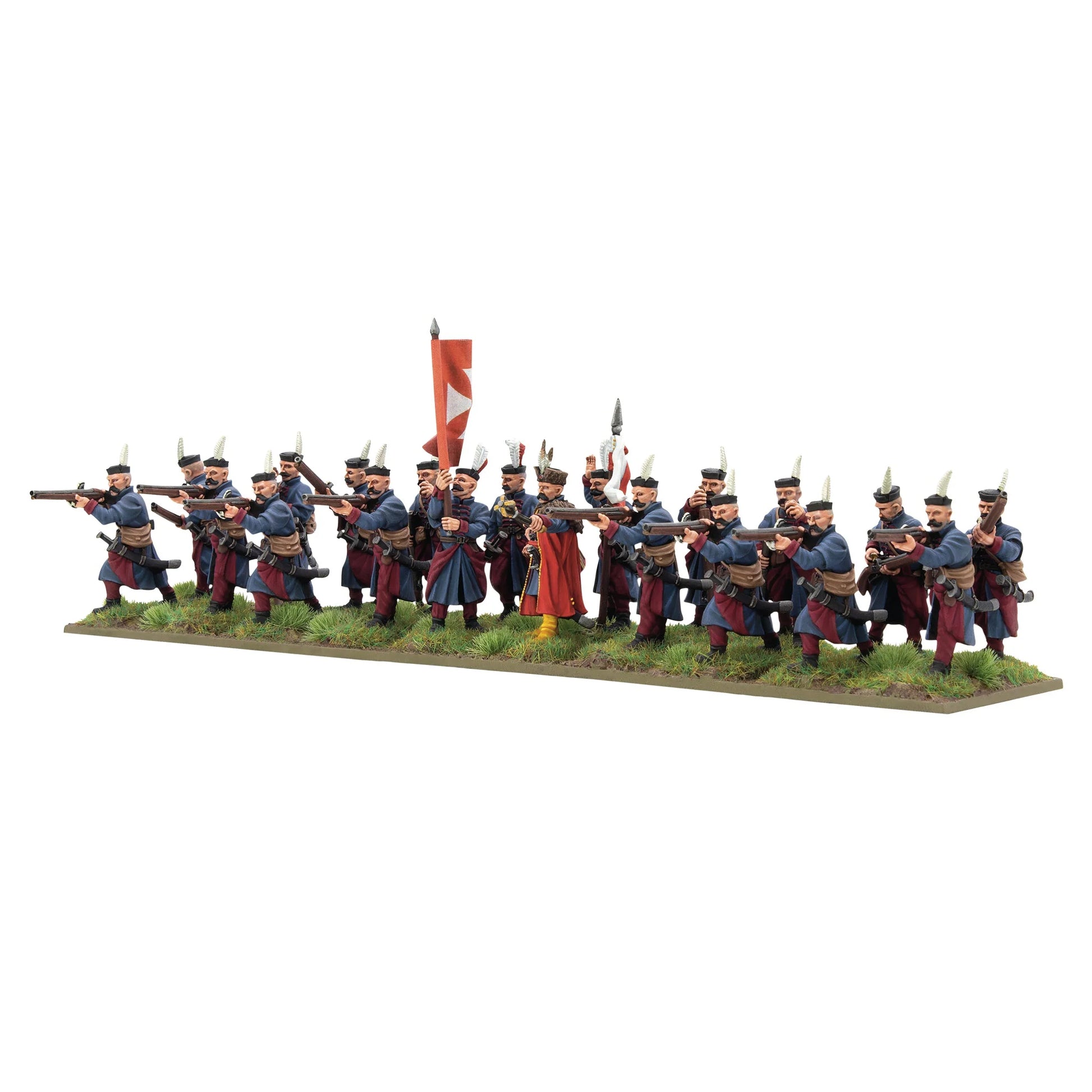 Warlord Games Hajduks Regiment – 20 hajduków w szyku strzeleckim z arkebuzami, widok z lewej strony 28mm Pike & Shotte