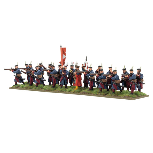 Warlord Games Hajduks Regiment – 20 hajduków w szyku strzeleckim z arkebuzami, widok z lewej strony 28mm Pike & Shotte