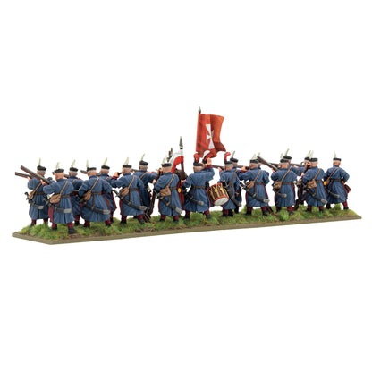 Warlord Games Hajduks Regiment – 20 hajduków, widok z tyłu: niebieskie żupany, doboś z bębnem i czerwona chorągiew z krzyżem maltańskim 28mm Pike & Shotte