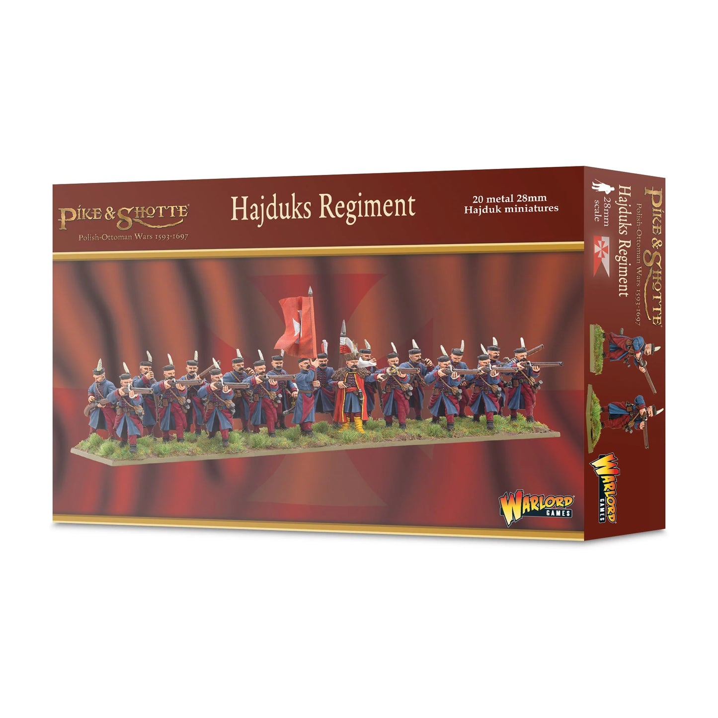Warlord Games Hajduks Regiment – pudełko Pike & Shotte Polish-Ottoman Wars z ilustracją 20 hajduków, 20 metalowych figurek 28mm