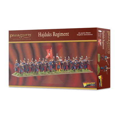 Warlord Games Hajduks Regiment – pudełko Pike & Shotte Polish-Ottoman Wars z ilustracją 20 hajduków, 20 metalowych figurek 28mm