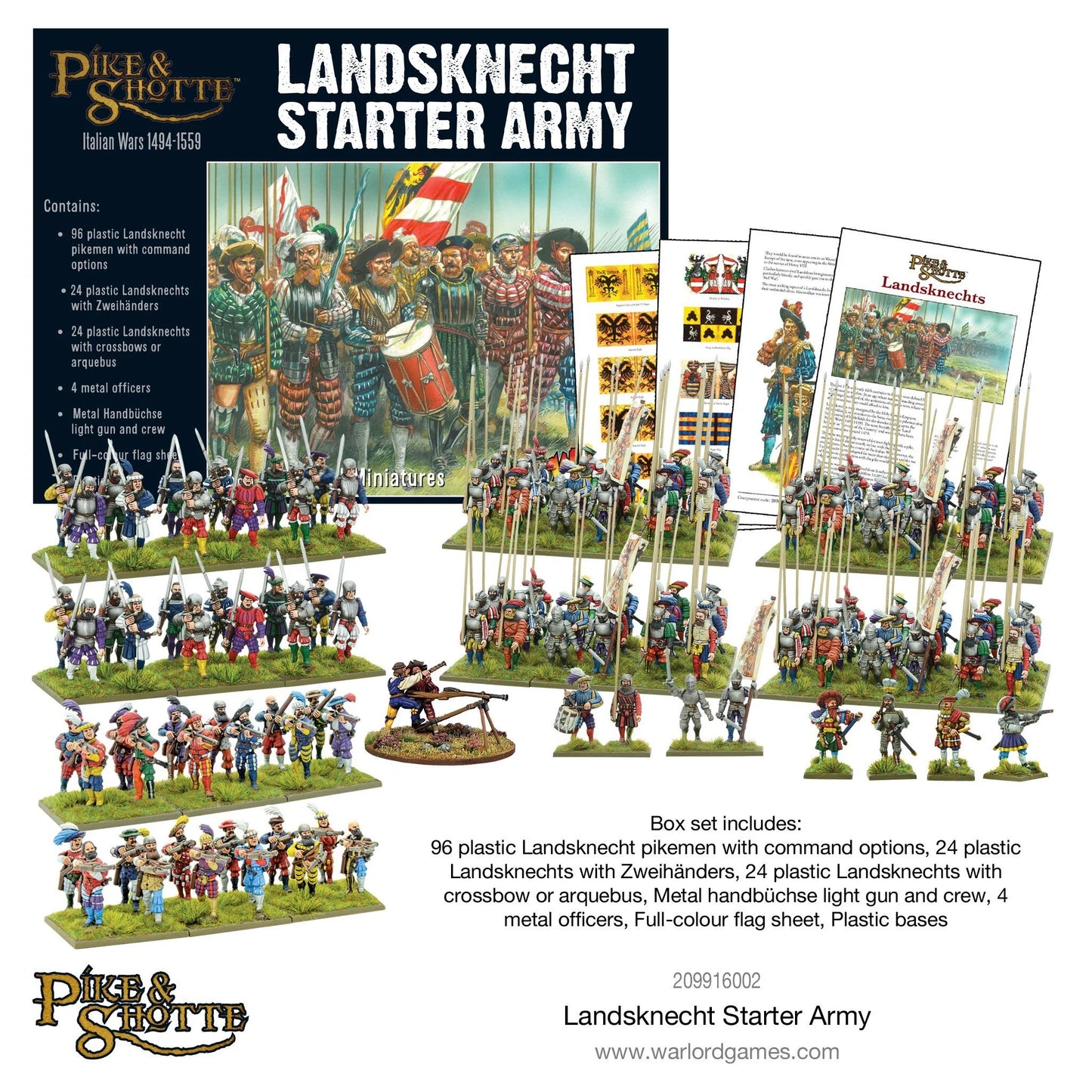 Landsknecht Starter Army Pike & Shotte - widok całego zestawu: pudełko, arkusz flag, instrukcja i ponad 140 pomalowanych figurek Landsknechtów ustawionych w rzędach - pikinierzy, Zweihänder, kusznicy, arkebuzerzy, oficerowie i armata Handbüchse - Warlord Games 209916002 - warlordgames.com
