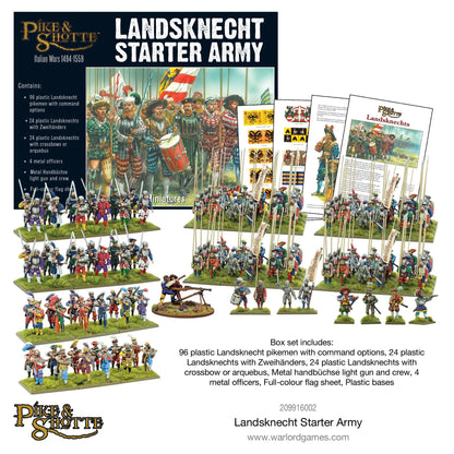 Landsknecht Starter Army Pike & Shotte - widok całego zestawu: pudełko, arkusz flag, instrukcja i ponad 140 pomalowanych figurek Landsknechtów ustawionych w rzędach - pikinierzy, Zweihänder, kusznicy, arkebuzerzy, oficerowie i armata Handbüchse - Warlord Games 209916002 - warlordgames.com
