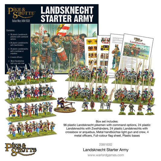 Landsknecht Starter Army Pike & Shotte - widok całego zestawu: pudełko, arkusz flag, instrukcja i ponad 140 pomalowanych figurek Landsknechtów ustawionych w rzędach - pikinierzy, Zweihänder, kusznicy, arkebuzerzy, oficerowie i armata Handbüchse - Warlord Games 209916002 - warlordgames.com
