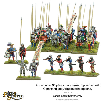 Landsknecht Starter Army Pike & Shotte - 96 pomalowanych pikinierzy Landsknechtów z długimi pikami i chorągwiami na zielonych podstawkach, dowódcy z mieczami, bębnista oraz 5 arkebuzerów strzelających z arkebuzów - kolorowe stroje renesansowe - Warlord Games 209916002 - warlordgames.com

