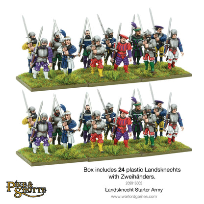 Landsknecht Starter Army Pike & Shotte - 24 pomalowane figurki Landsknechtów z Zweihänderami w dwóch rzędach po 12 - kolorowe stroje w paski czerwono-zielono-niebieskie, hełmy z piórami, miecze dwuręczne uniesione do walki - Warlord Games 209916002 - warlordgames.com
