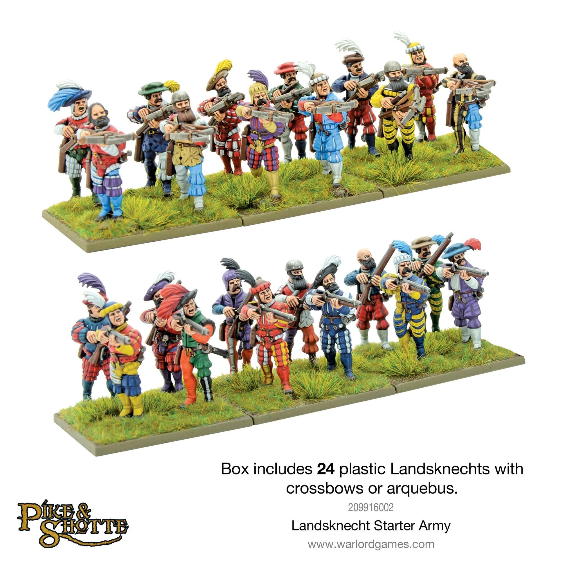 Landsknecht Starter Army Pike & Shotte - 24 pomalowane figurki Landsknechtów z kuszami i arkebuzami w dwóch rzędach po 12 - kolorowe stroje w paski czerwono-żółto-niebieskie, kapelusze z piórami, broń palna i kusze wycelowane do przodu - Warlord Games 209916002 - warlordgames.com
