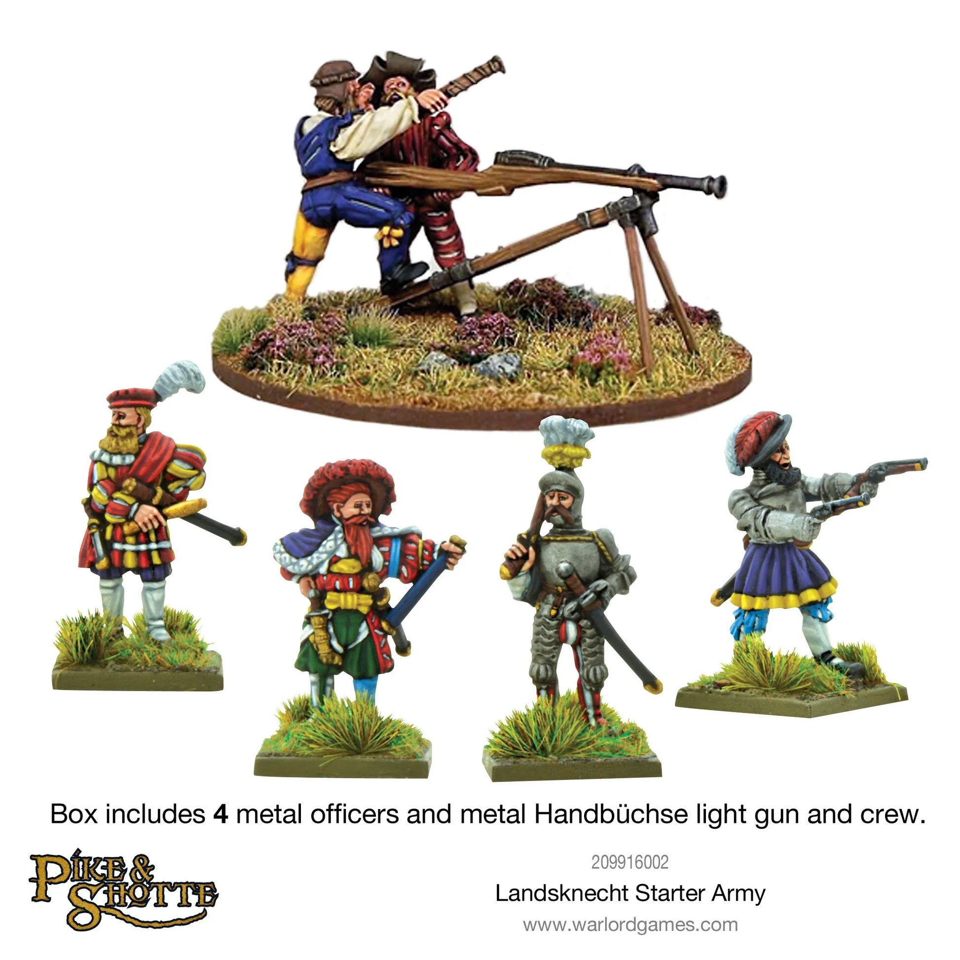 Landsknecht Starter Army Pike & Shotte - metalowa armata Handbüchse na trójnogu z dwoma obsługującymi w niebiesko-żółtych strojach oraz 4 metalowi oficerowie: bębnista w czerwonym stroju, oficer z buławą w zielonej spódnicy, rycerz w pełnej zbroi płytowej i arkebuzer w fioletowo-żółtym stroju - Warlord Games 209916002 - warlordgames.com
