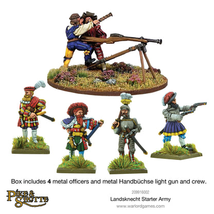 Landsknecht Starter Army Pike & Shotte - metalowa armata Handbüchse na trójnogu z dwoma obsługującymi w niebiesko-żółtych strojach oraz 4 metalowi oficerowie: bębnista w czerwonym stroju, oficer z buławą w zielonej spódnicy, rycerz w pełnej zbroi płytowej i arkebuzer w fioletowo-żółtym stroju - Warlord Games 209916002 - warlordgames.com

