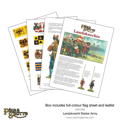 Landsknecht Starter Army Pike & Shotte - kolorowy arkusz flag z herbami i flagami Landsknechtów (czarne orły na złotym tle, pasy w barwach rodowych) oraz instrukcja malowania i montażu z ilustracjami i opisem historycznym Landsknechtów - Warlord Games 209916002 - warlordgames.com
