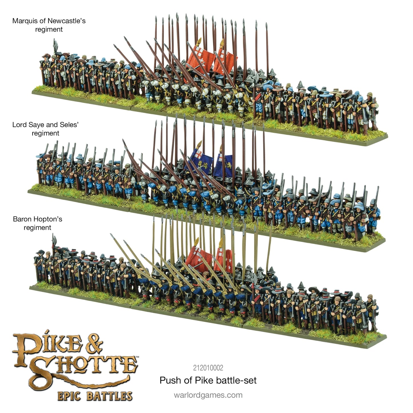Pike & Shotte Epic Battles Push of Pike - trzy regimenty piechoty angielskiej: Marquis of Newcastle's regiment, Lord Saye and Seles' regiment i Baron Hopton's regiment - pomalowane figurki pikinierów i muszkieterów z chorągwiami na zielonych podstawkach - Warlord Games 212010002 - warlordgames.com
