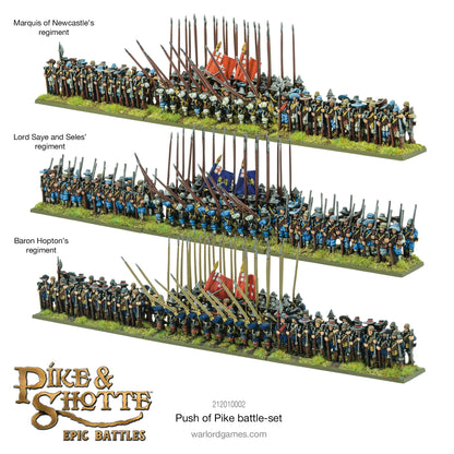 Pike & Shotte Epic Battles Push of Pike - trzy regimenty piechoty angielskiej: Marquis of Newcastle's regiment, Lord Saye and Seles' regiment i Baron Hopton's regiment - pomalowane figurki pikinierów i muszkieterów z chorągwiami na zielonych podstawkach - Warlord Games 212010002 - warlordgames.com
