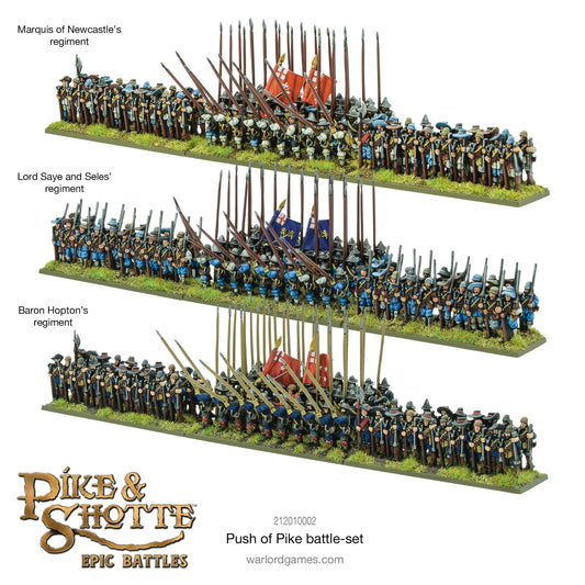 Pike & Shotte Epic Battles Push of Pike - trzy regimenty piechoty angielskiej: Marquis of Newcastle's regiment, Lord Saye and Seles' regiment i Baron Hopton's regiment - pomalowane figurki pikinierów i muszkieterów z chorągwiami na zielonych podstawkach - Warlord Games 212010002 - warlordgames.com
