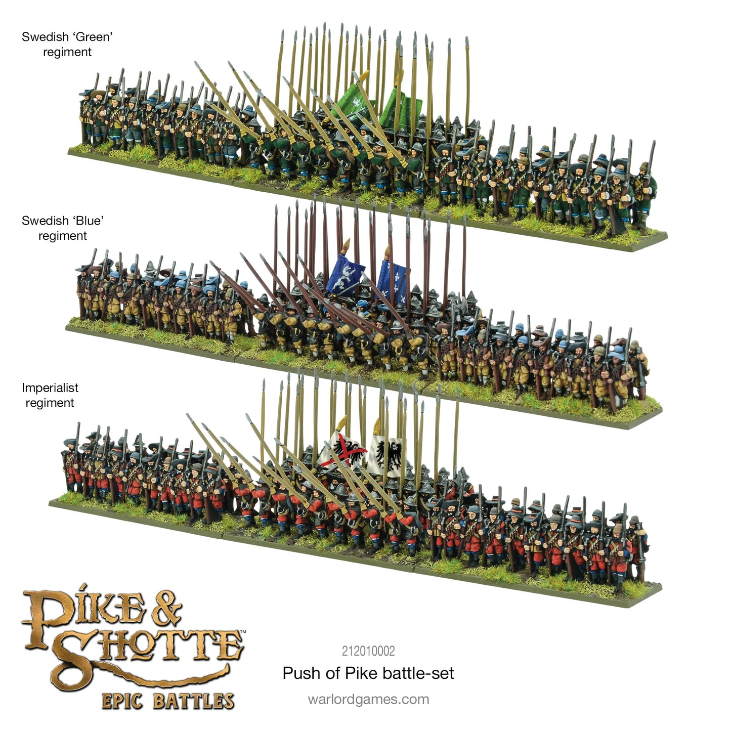 Pike & Shotte Epic Battles Push of Pike - trzy regimenty: Swedish Green regiment w zielonych mundurach, Swedish Blue regiment w niebieskich mundurach i Imperialist regiment w czerwono-szarych mundurach - pomalowane figurki pikinierów z chorągwiami - Warlord Games 212010002 - warlordgames.com
