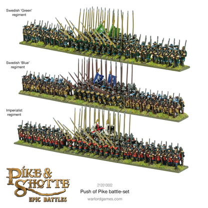 Pike & Shotte Epic Battles Push of Pike - trzy regimenty: Swedish Green regiment w zielonych mundurach, Swedish Blue regiment w niebieskich mundurach i Imperialist regiment w czerwono-szarych mundurach - pomalowane figurki pikinierów z chorągwiami - Warlord Games 212010002 - warlordgames.com

