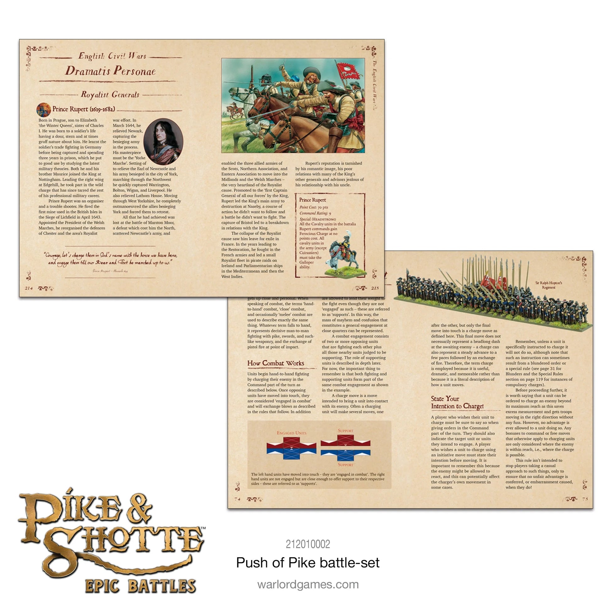 Pike & Shotte Epic Battles Push of Pike - 260-stronicowa książka zasad A5 otwarta na rozdziale Dramatis Personae English Civil Wars z opisem Prince Ruperta i ilustracjami oraz na rozdziale How Combat Works z diagramami walki - Warlord Games 212010002 - warlordgames.com
