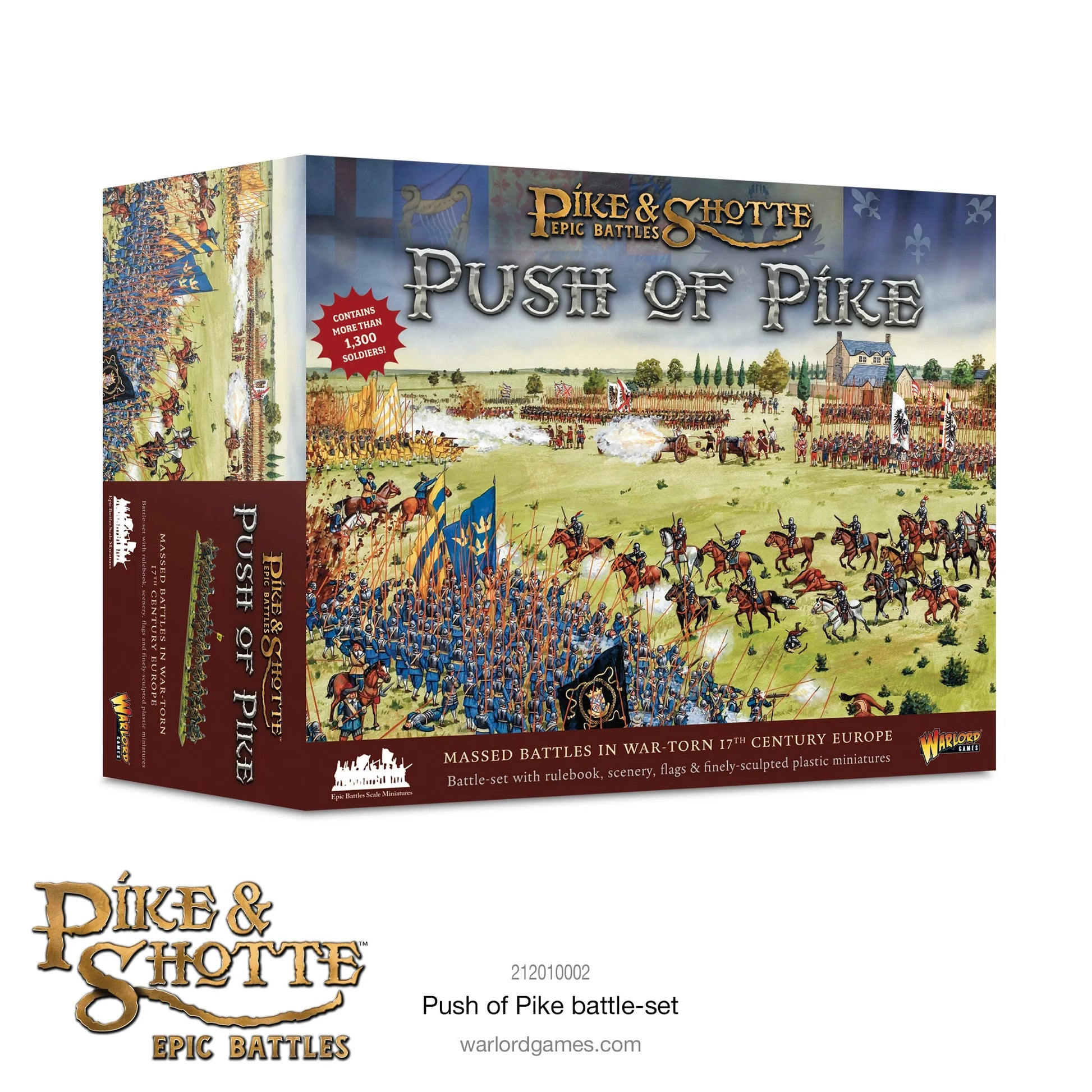Pike & Shotte Epic Battles Push of Pike - pudełko zestawu bitewnego z ilustracją przedstawiającą bitwę XVII-wieczną - szwedzka piechota w niebieskich mundurach z pikami i chorągwiami naprzeciwko kawalerii - napis "Contains more than 1300 soldiers" - bordowe pudełko z logo Pike & Shotte Epic Battles - Warlord Games 212010002 - warlordgames.com
