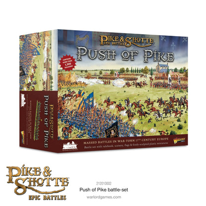 Pike & Shotte Epic Battles Push of Pike - pudełko zestawu bitewnego z ilustracją przedstawiającą bitwę XVII-wieczną - szwedzka piechota w niebieskich mundurach z pikami i chorągwiami naprzeciwko kawalerii - napis "Contains more than 1300 soldiers" - bordowe pudełko z logo Pike & Shotte Epic Battles - Warlord Games 212010002 - warlordgames.com
