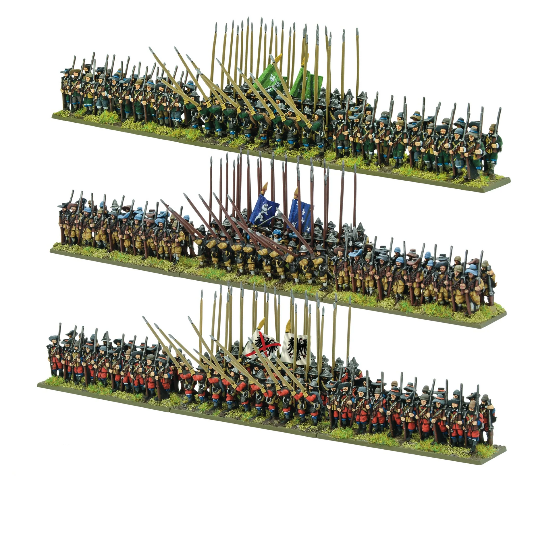 Thirty Years War Infantry Battalia Pike & Shotte Epic Battles Warlord Games – 3 bataliony widok z boku na trawie 15mm
